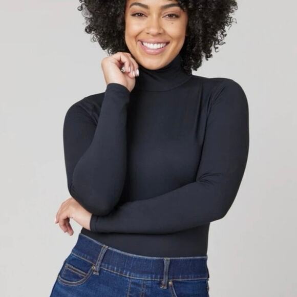 NWT Spanx Mock Neck Long Sleeve Turtleneck Bodysuit in "Classic Black" Sz Small - Picture 1 of 11